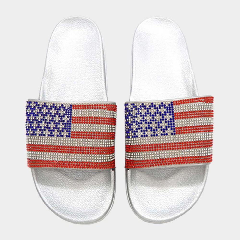 • American USA Flag Rhinestone Slide Sandal Slippers